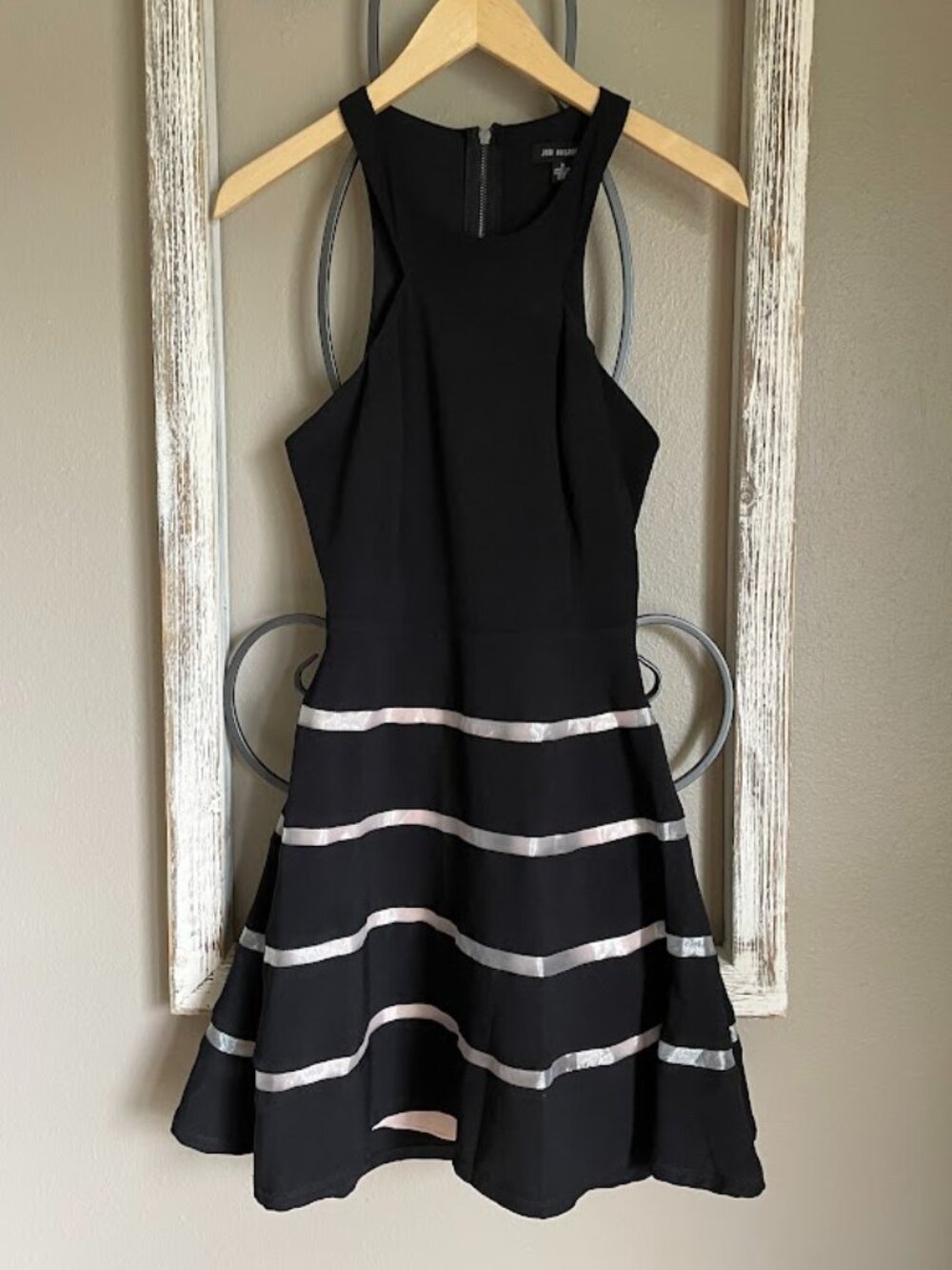 Jodi Kristopher Black Fit & Flare Dress — Sheer Stripe Skirt — Racerback-Y2K